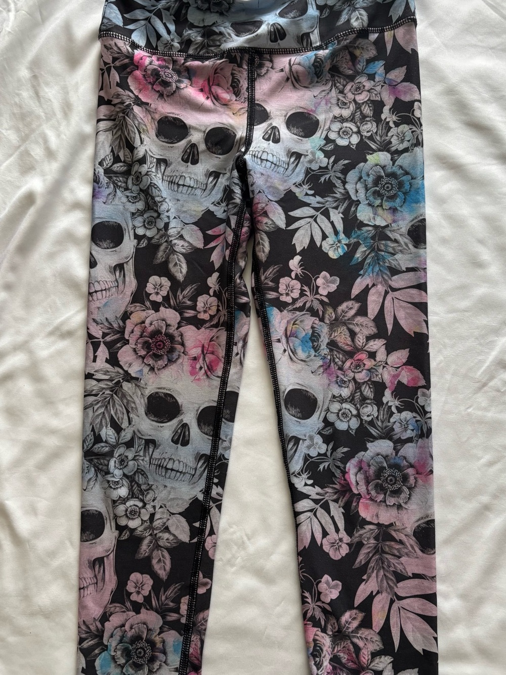 Evolution and Creation Black Leggings with Pink & Blue Floral Skull Print